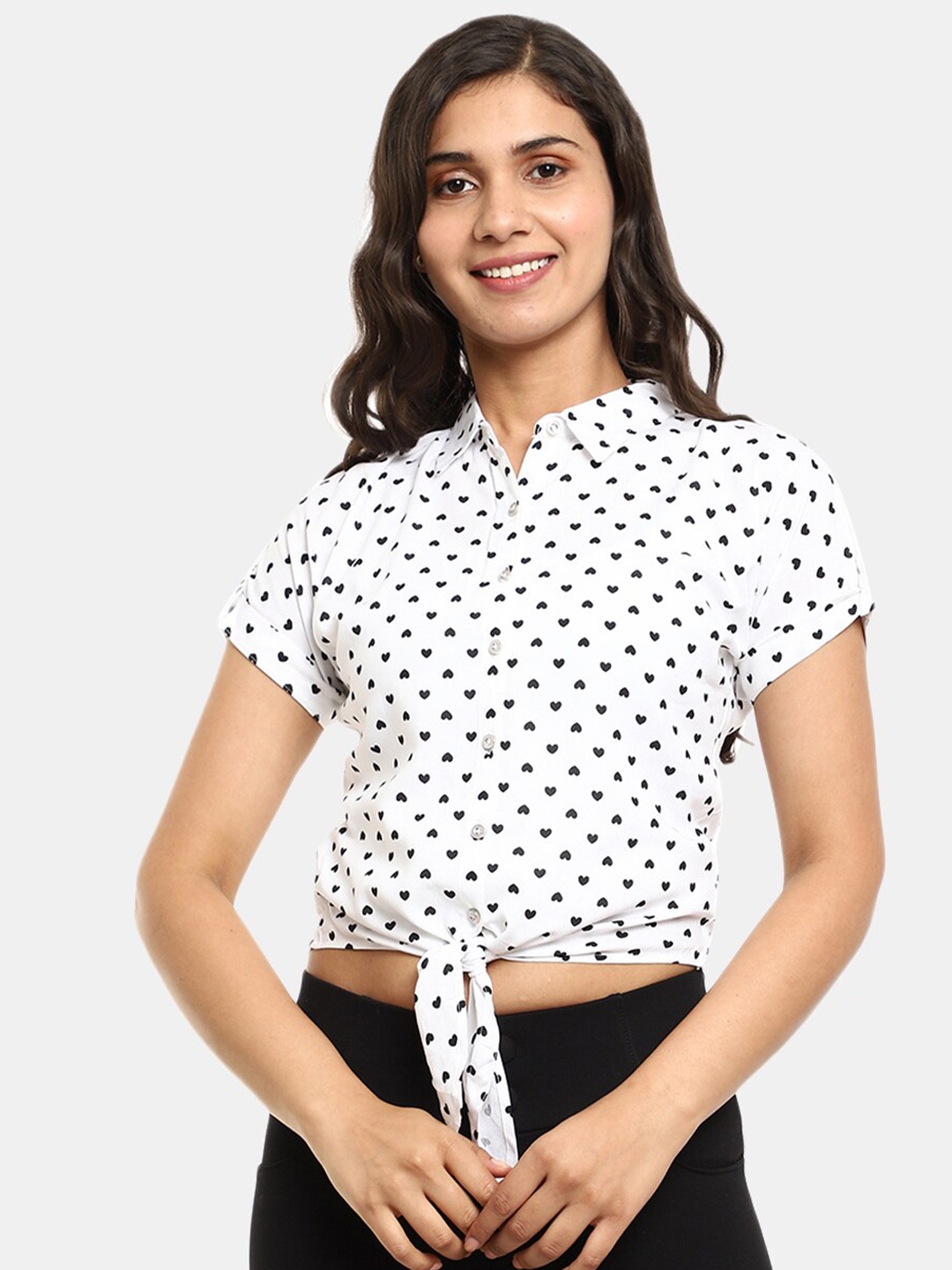 

V-Mart White & Black Print Chiffon Shirt Style Crop Top