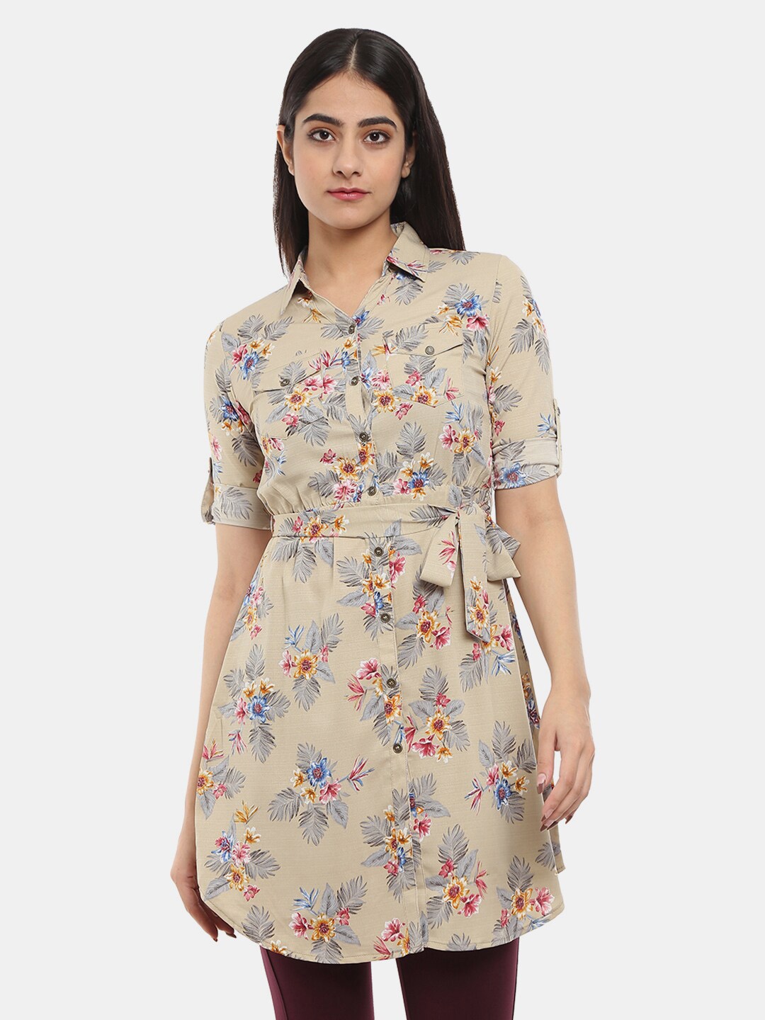 

V-Mart Green & Red Floral Print Roll-Up Sleeves Georgette Shirt Style Longline Top
