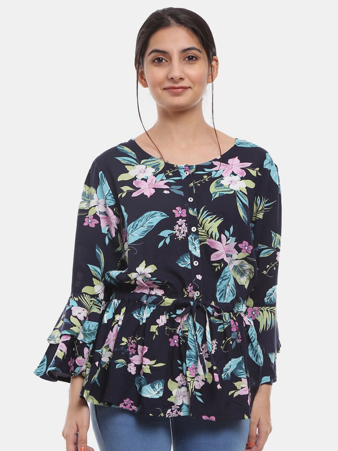 

V-Mart Navy Blue & Sea Green Floral Print Chiffon Cinched Waist Top