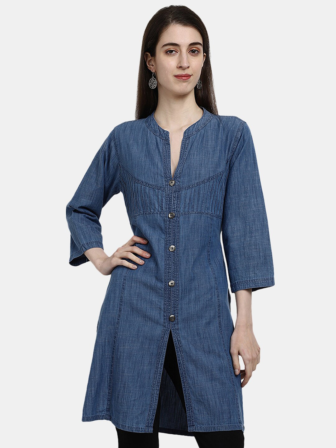 

V-Mart Blue Mandarin Collar Denim Shirt Style Longline Top
