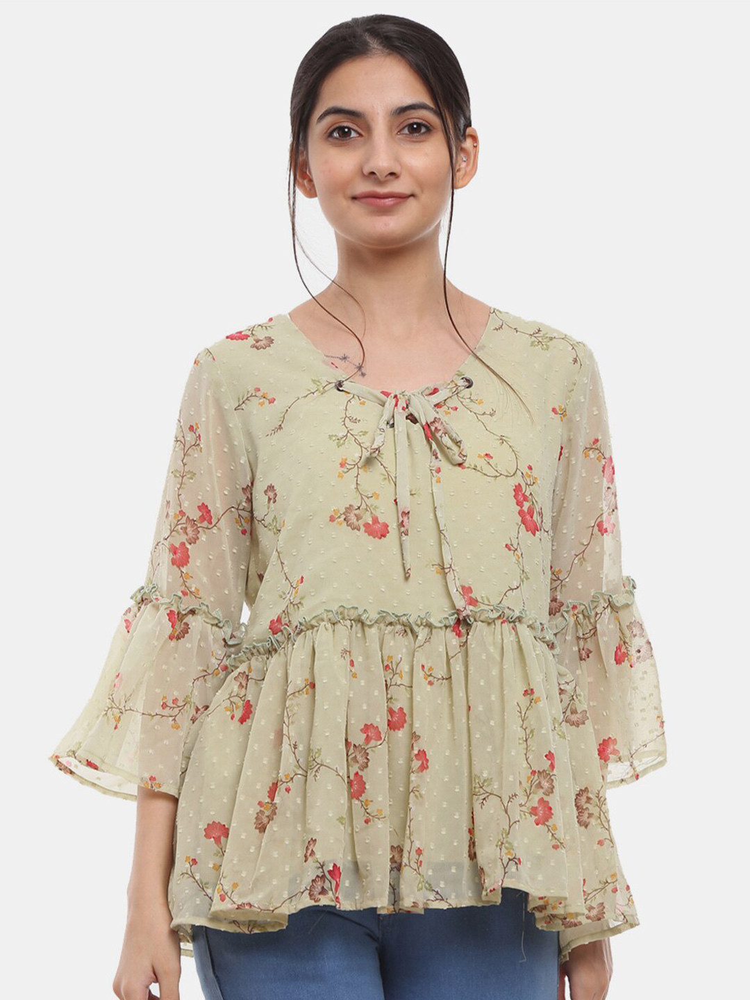 

V-Mart Green & Red Floral Print Tie-Up Neck Georgette Peplum Top