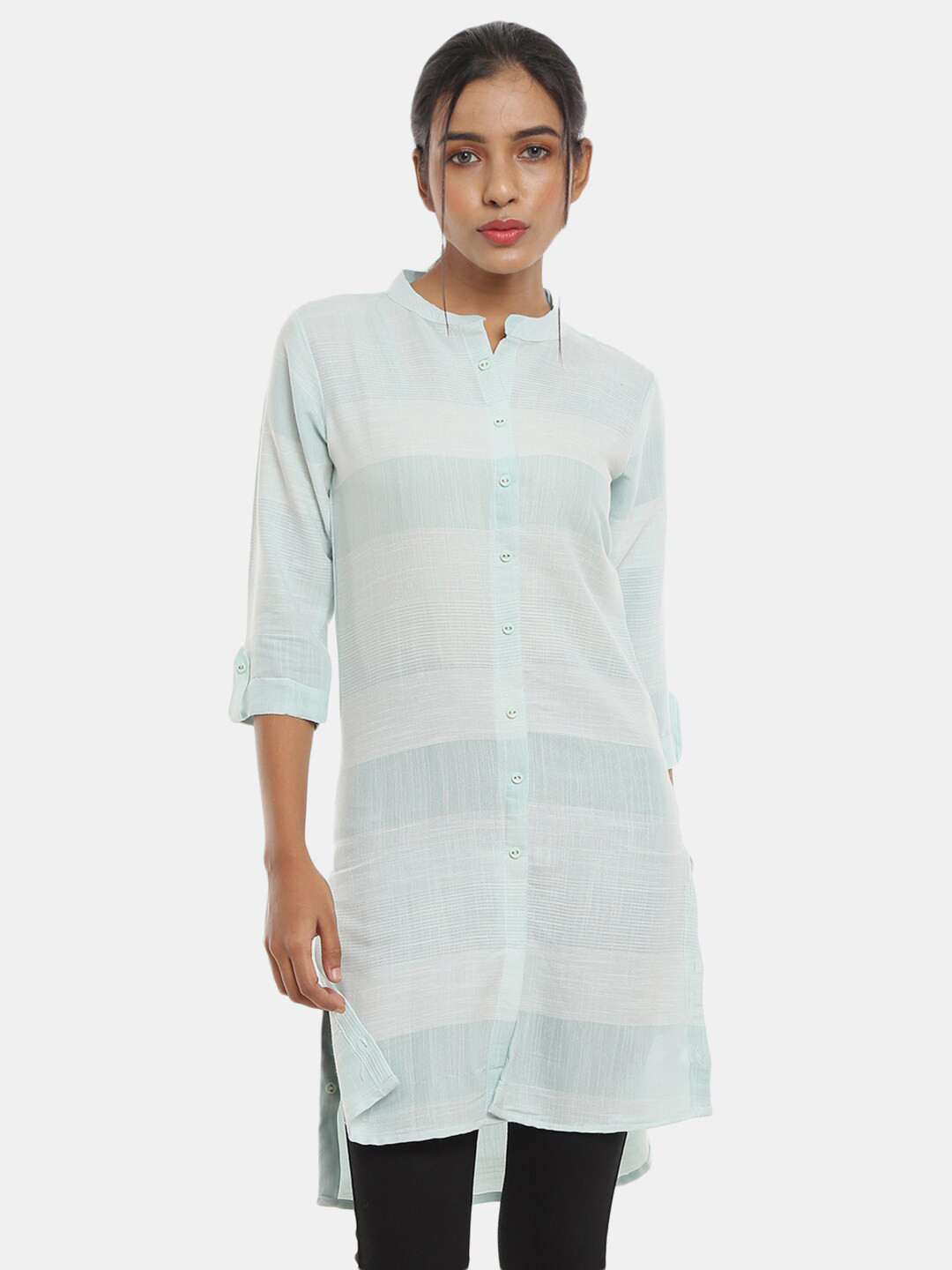 

V-Mart Blue Striped Mandarin Collar Roll-Up Sleeves Pure Cotton Longline Top