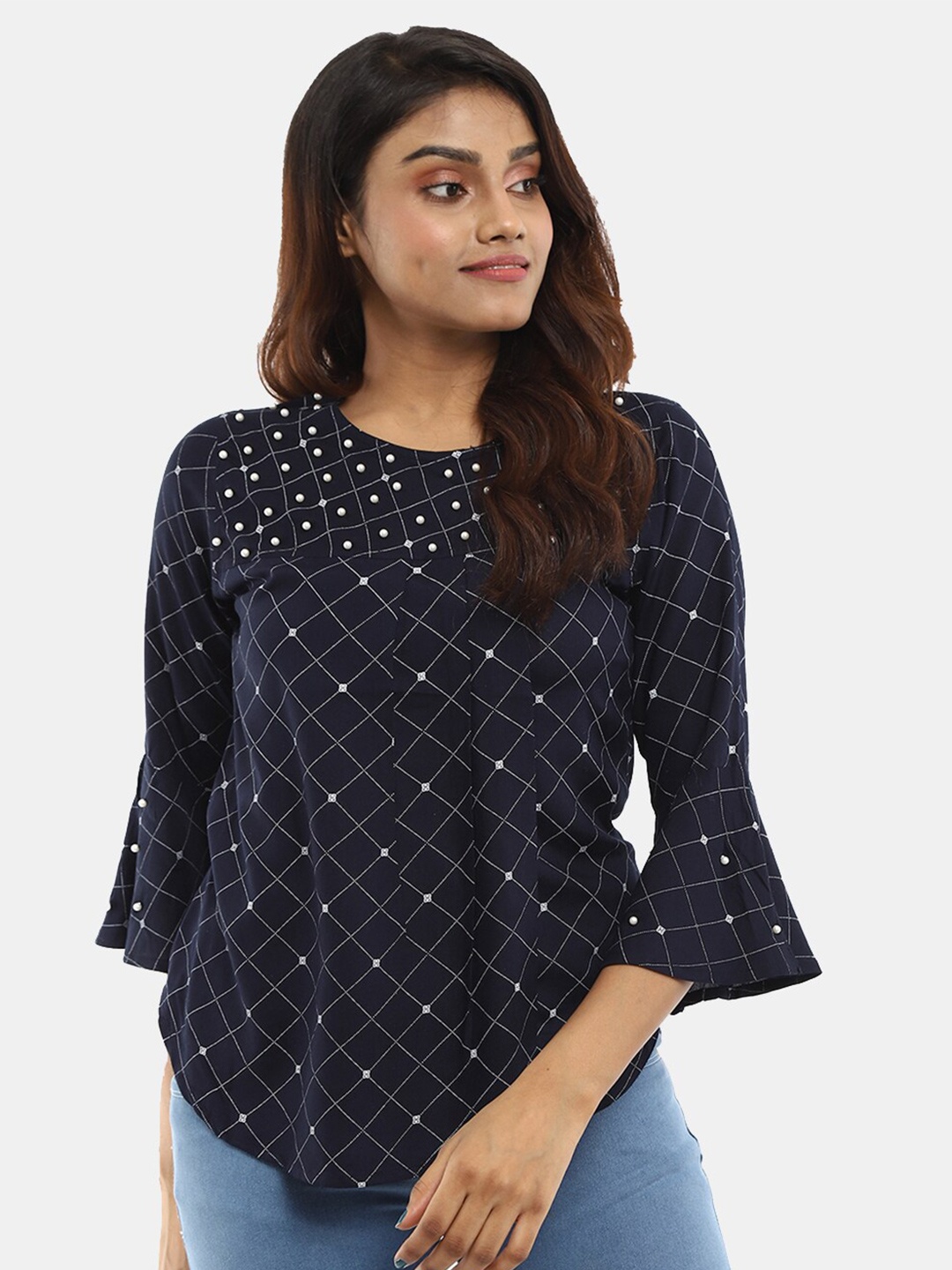 

V-Mart Navy Blue Geometric Print Chiffon Top