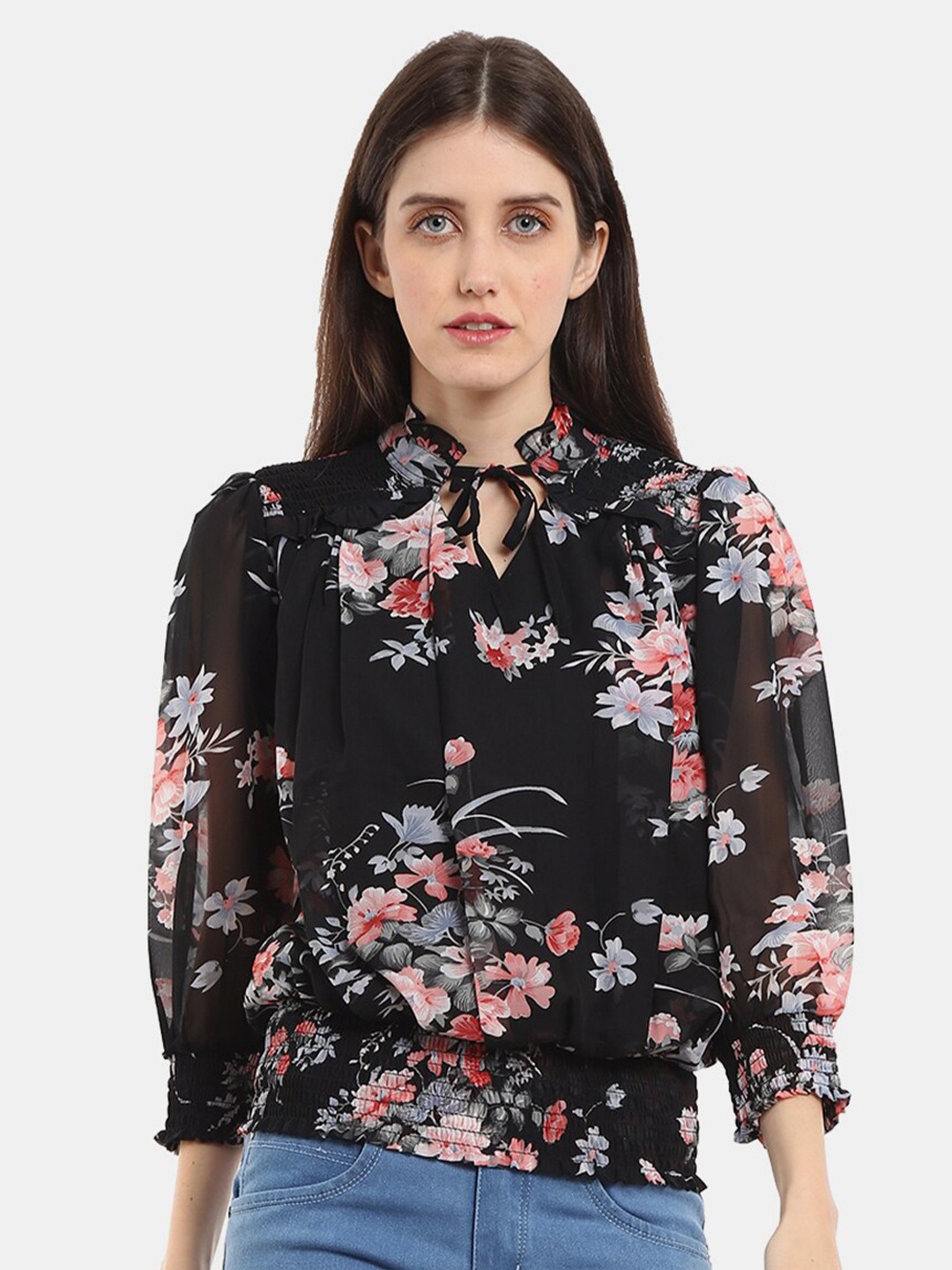 

V-Mart Black Floral Print Tie-Up Neck Pure Cotton Top