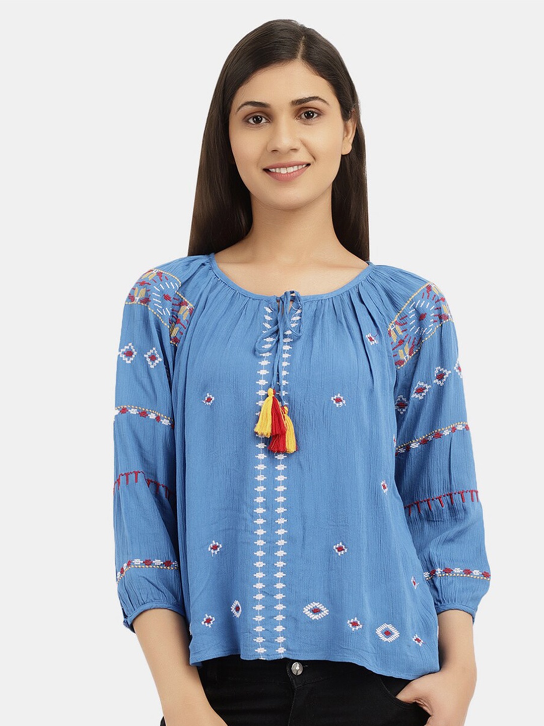 

V-Mart Blue Geometric Print Tie-Up Neck Chiffon Top