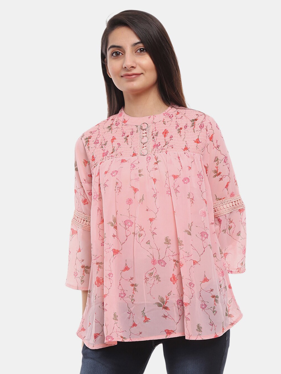 

V-Mart Pink Floral Print Mandarin Collar Pure Cotton Top