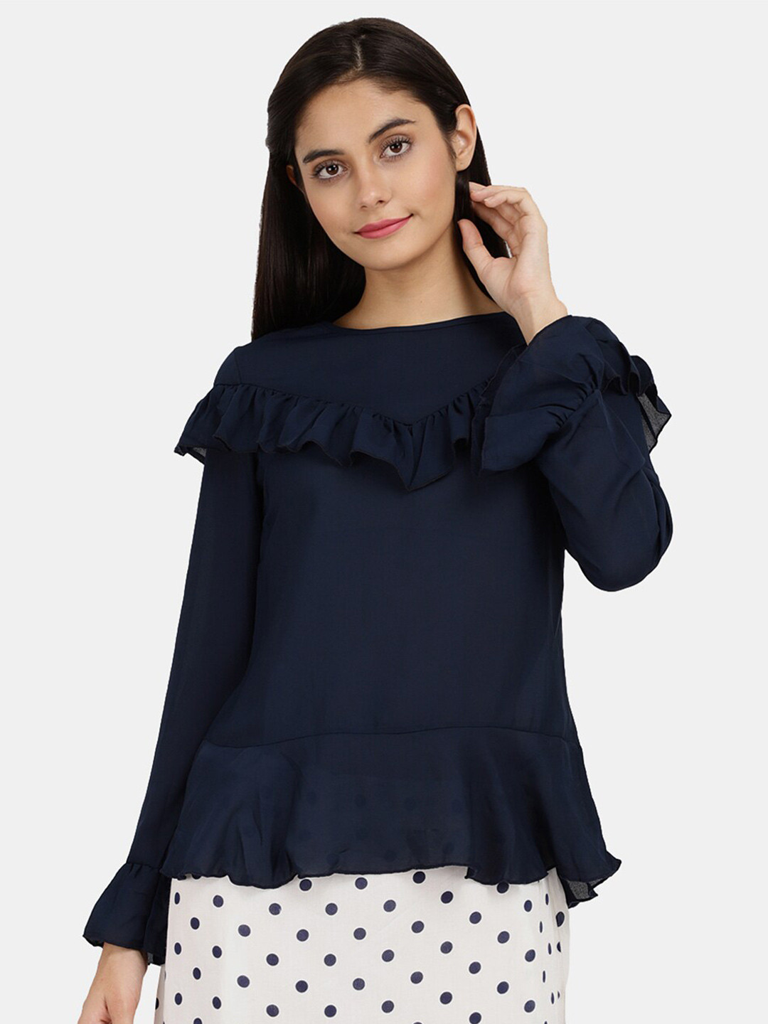 

V-Mart Navy Blue Ruffles Pure Cotton Peplum Top