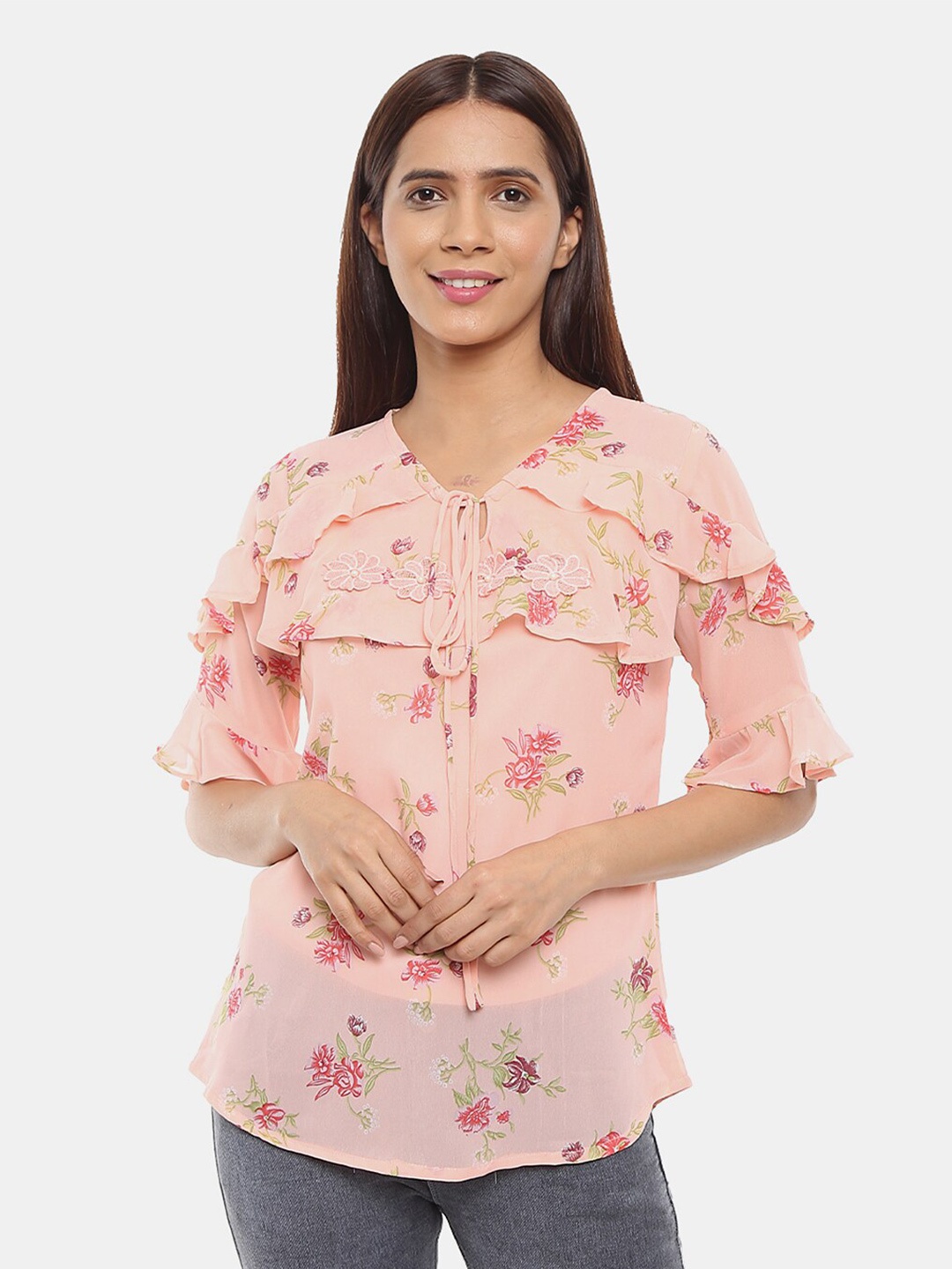 

V-Mart Pink Floral Pure Cotton Print Keyhole Neck Top
