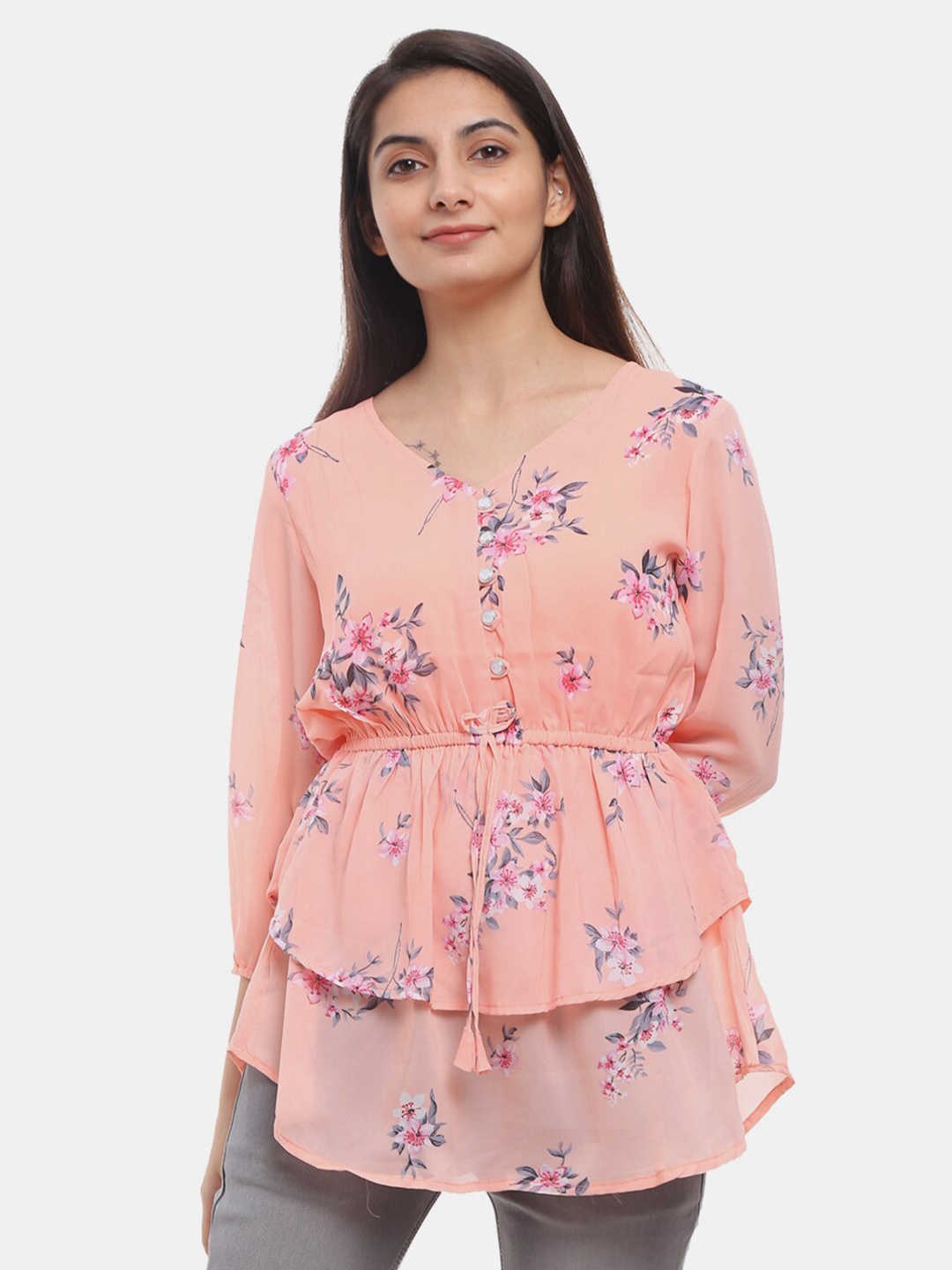 

V-Mart Peach-Coloured Floral Print Pure Cotton Cinched Waist Top