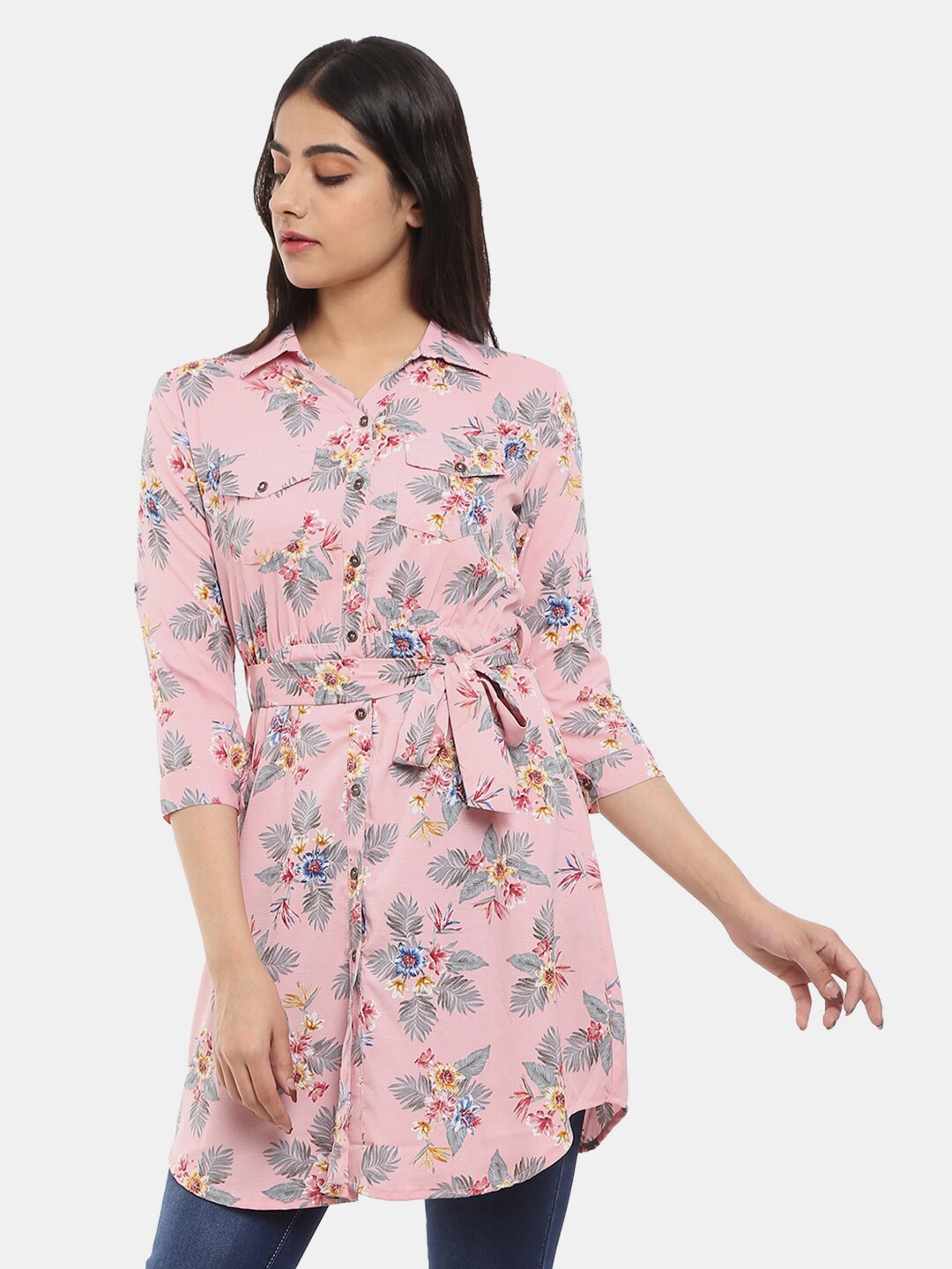 

V-Mart Pink Floral Print Georgette Shirt Style Longline Top