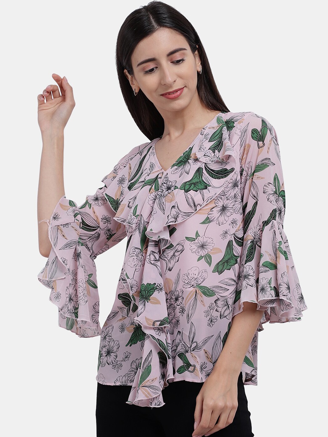 

V-Mart Pink & Green Floral Pure Cotton Print Top