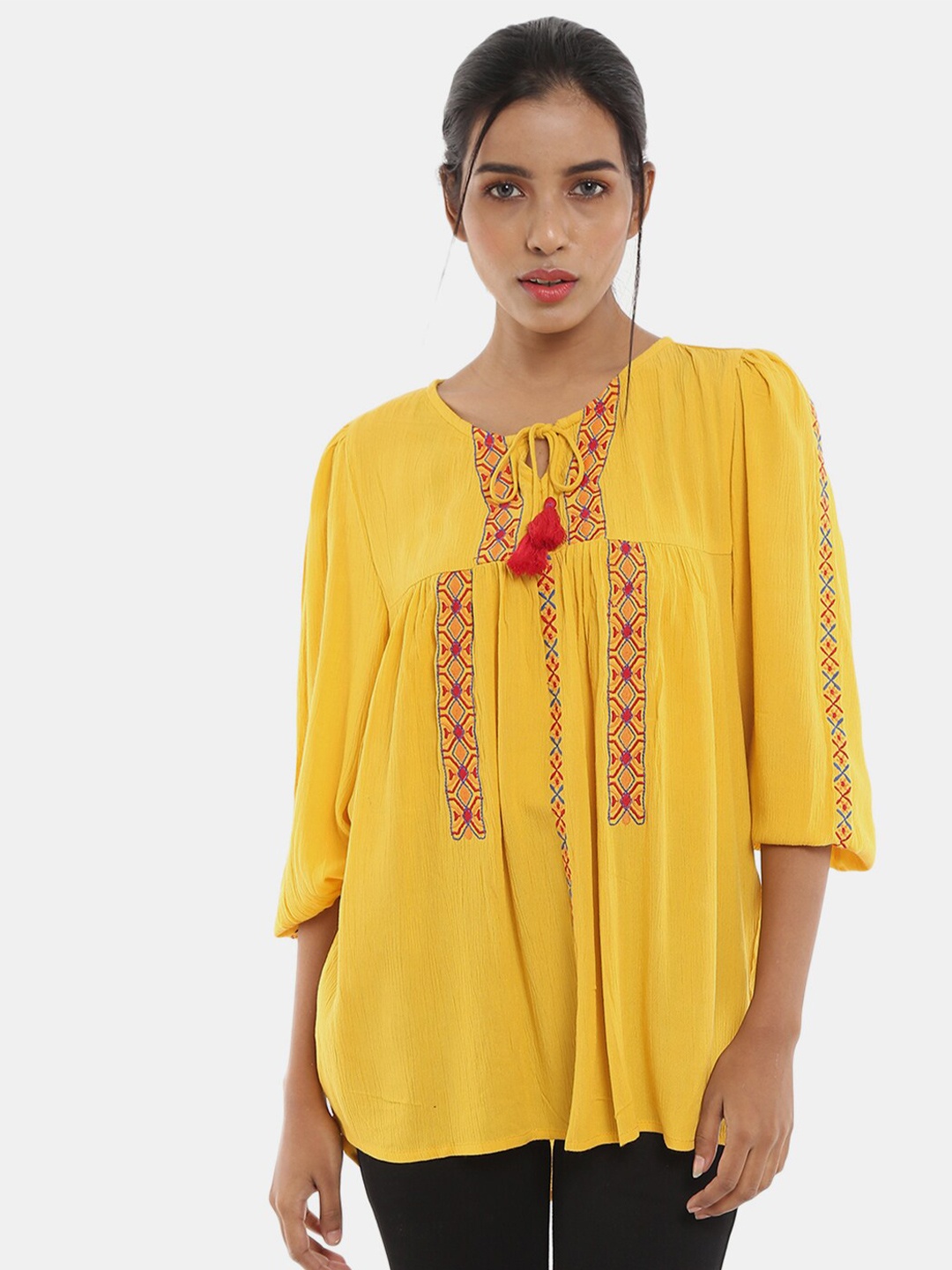 

V-Mart Mustard Yellow Geometric Embroidered Tie-Up Neck Chiffon Top
