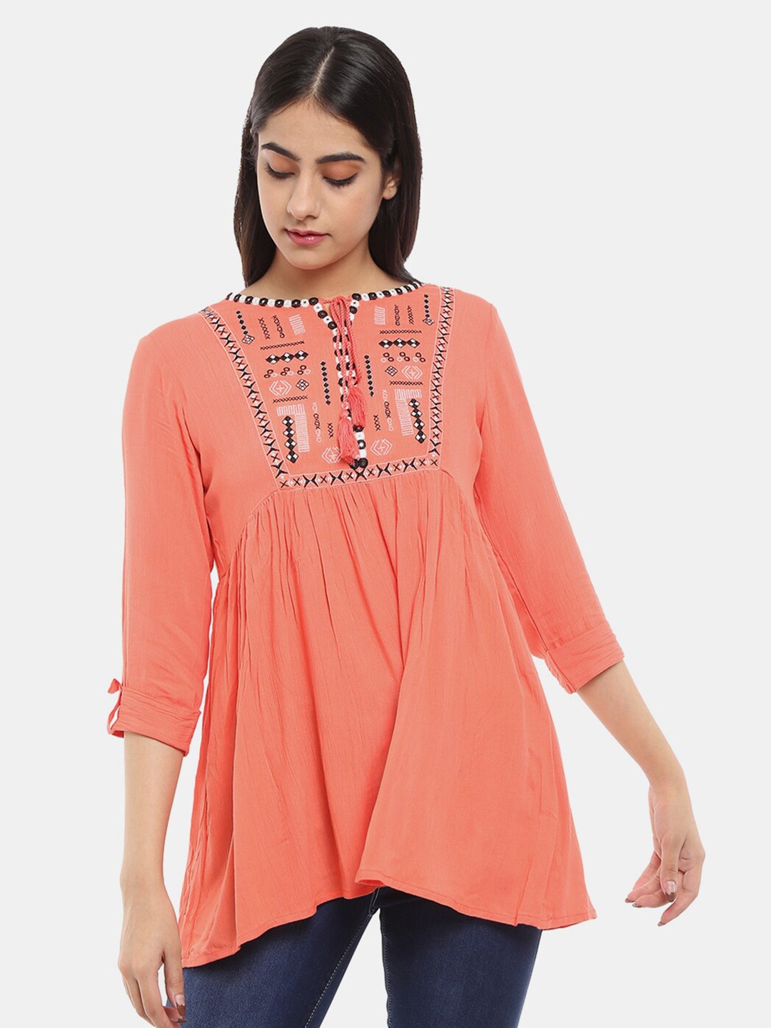 

V-Mart Peach-Coloured Tie-Up Neck Roll-Up Sleeves Chiffon Top