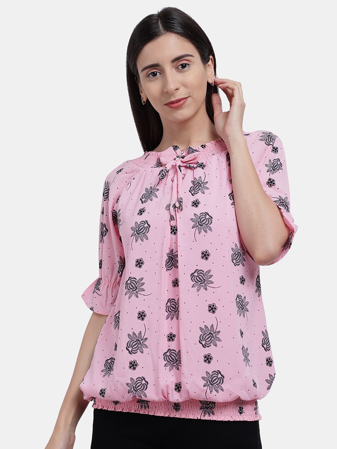 

V-Mart Pink & Black Floral Print Pure Cotton Blouson Top