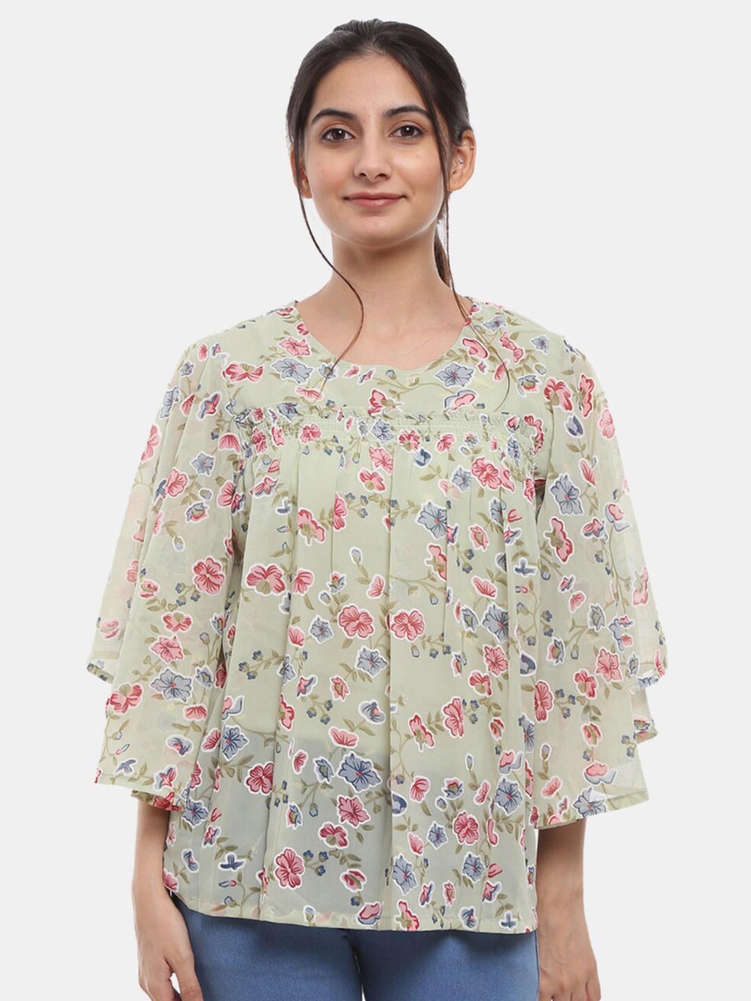 

V-Mart Green Floral Pure Cotton Print Top