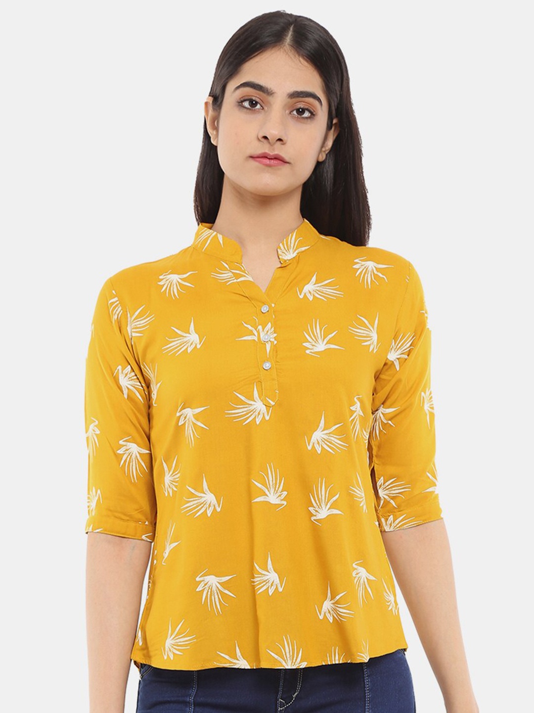 

V-Mart Mustard Yellow Floral Print Mandarin Collar Chiffon Top