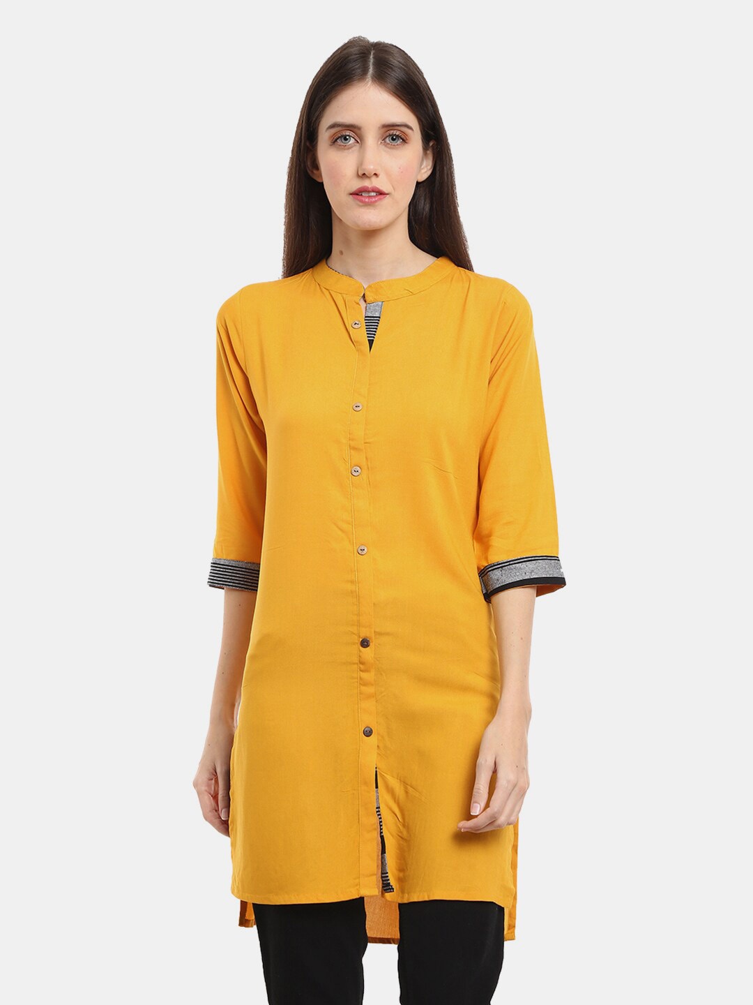 

V-Mart Mustard Yellow Mandarin Collar Chiffon Longline Top