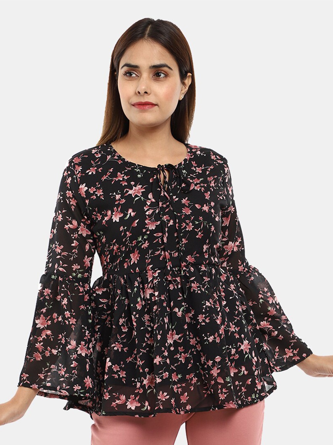

V-Mart Black Floral Print Tie-Up Neck Pure Cotton Empire Top