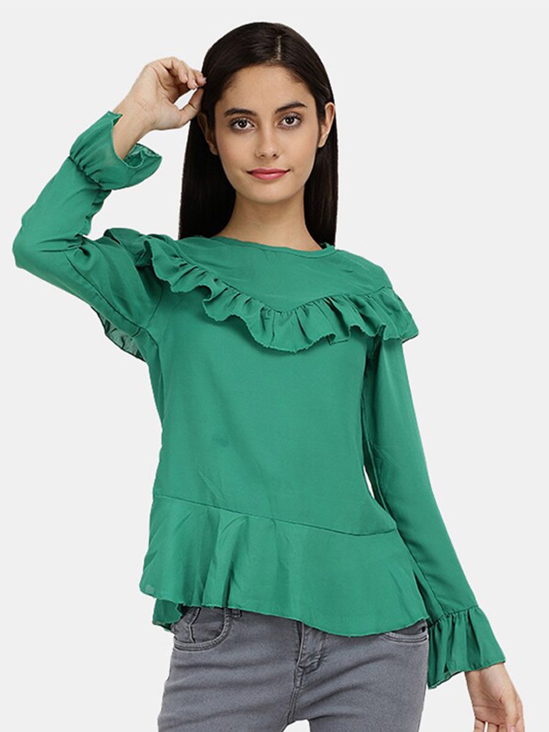 

V-Mart Green Pure Cotton Ruffles Top