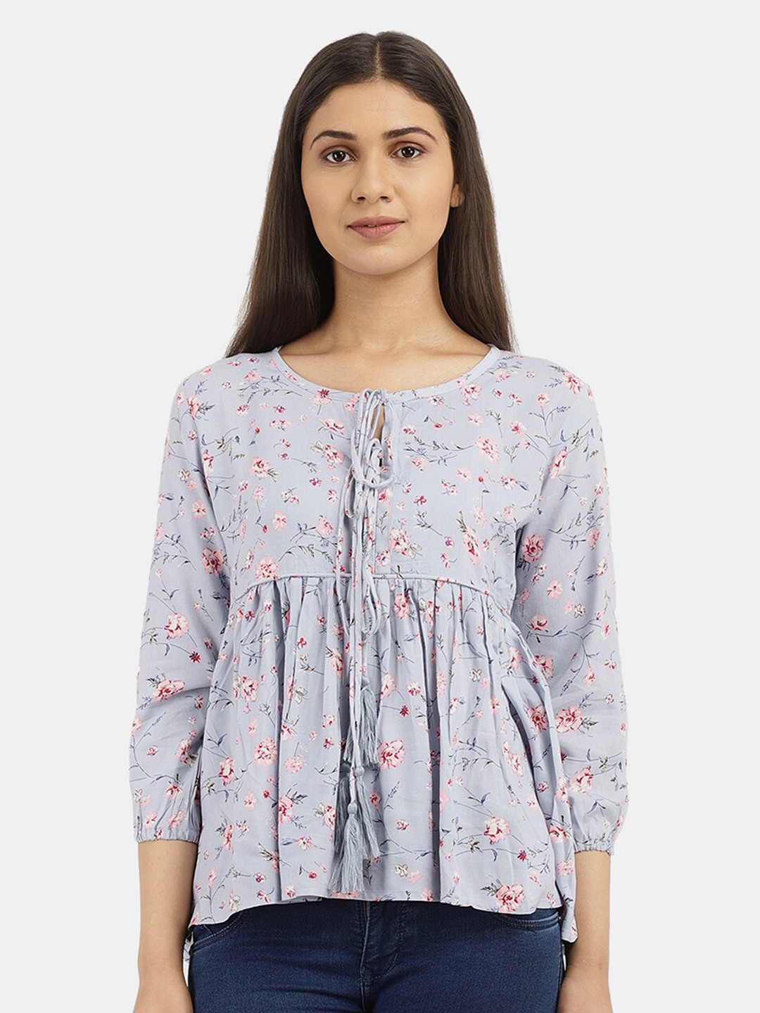 

V-Mart Blue Floral Print Tie-Up Neck Chiffon Empire Top