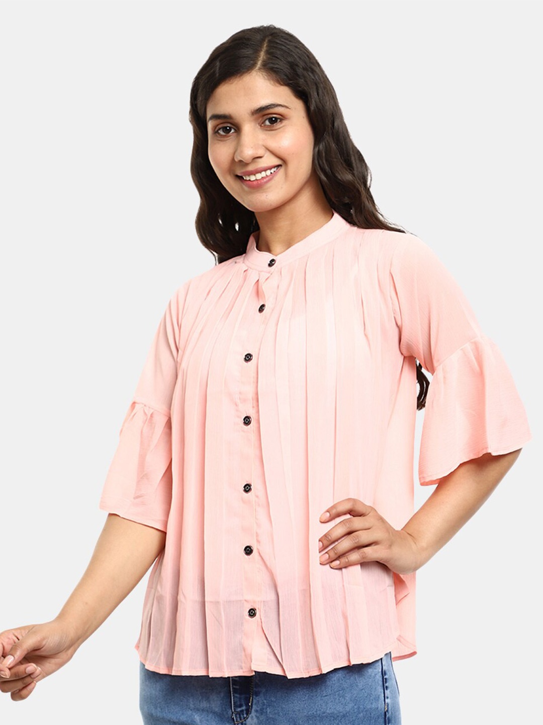 

V-Mart Peach-Coloured Mandarin Collar Shirt Style Pure Cotton Top