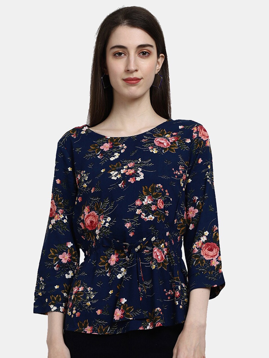

V-Mart Navy Blue Floral Print Chiffon Cinched Waist Top