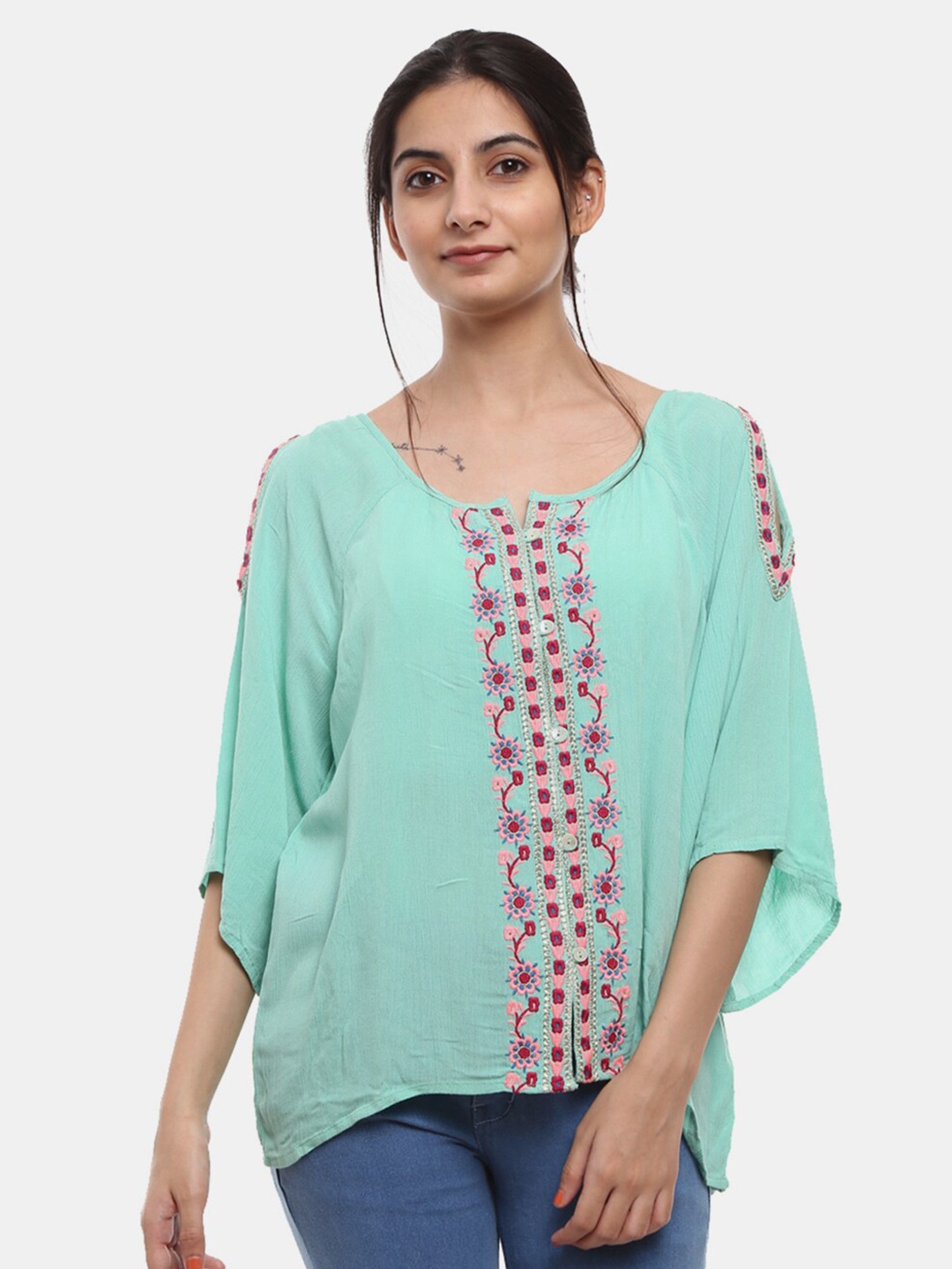 

V-Mart Sea Green Floral Embroidered Chiffon Top