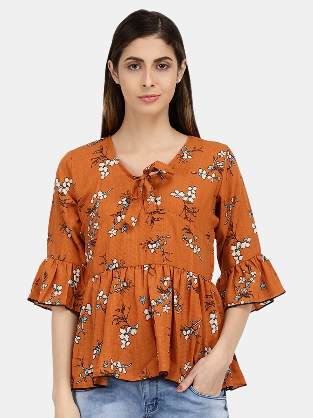 

V-Mart Mustard Yellow Floral Print Tie-Up Neck Pure Cotton Peplum Top