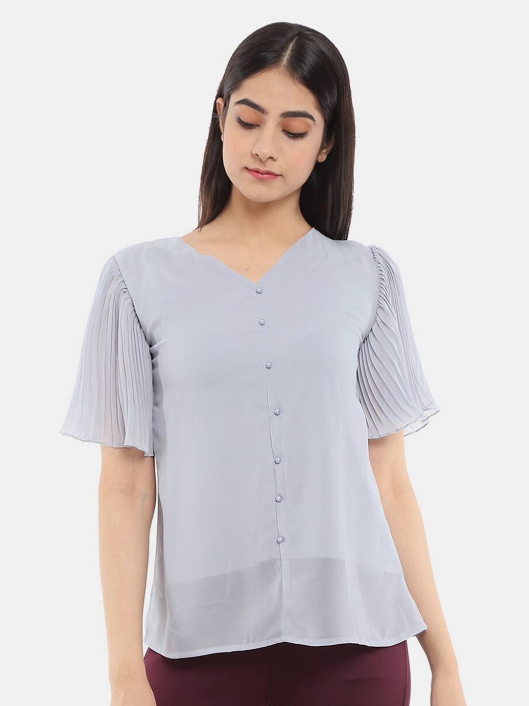 

V-Mart V-Neck Flutter Sleeves Georgette Top, Grey