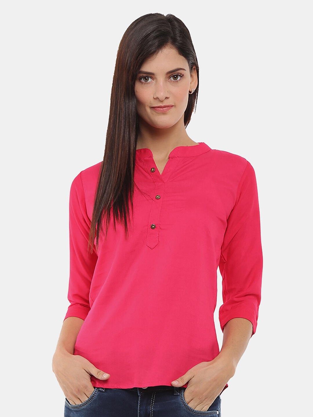 

V-Mart Fuchsia Mandarin Collar Chiffon Shirt Style Top