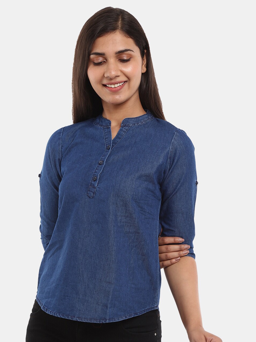 

V-Mart Blue Mandarin Collar Denim Top