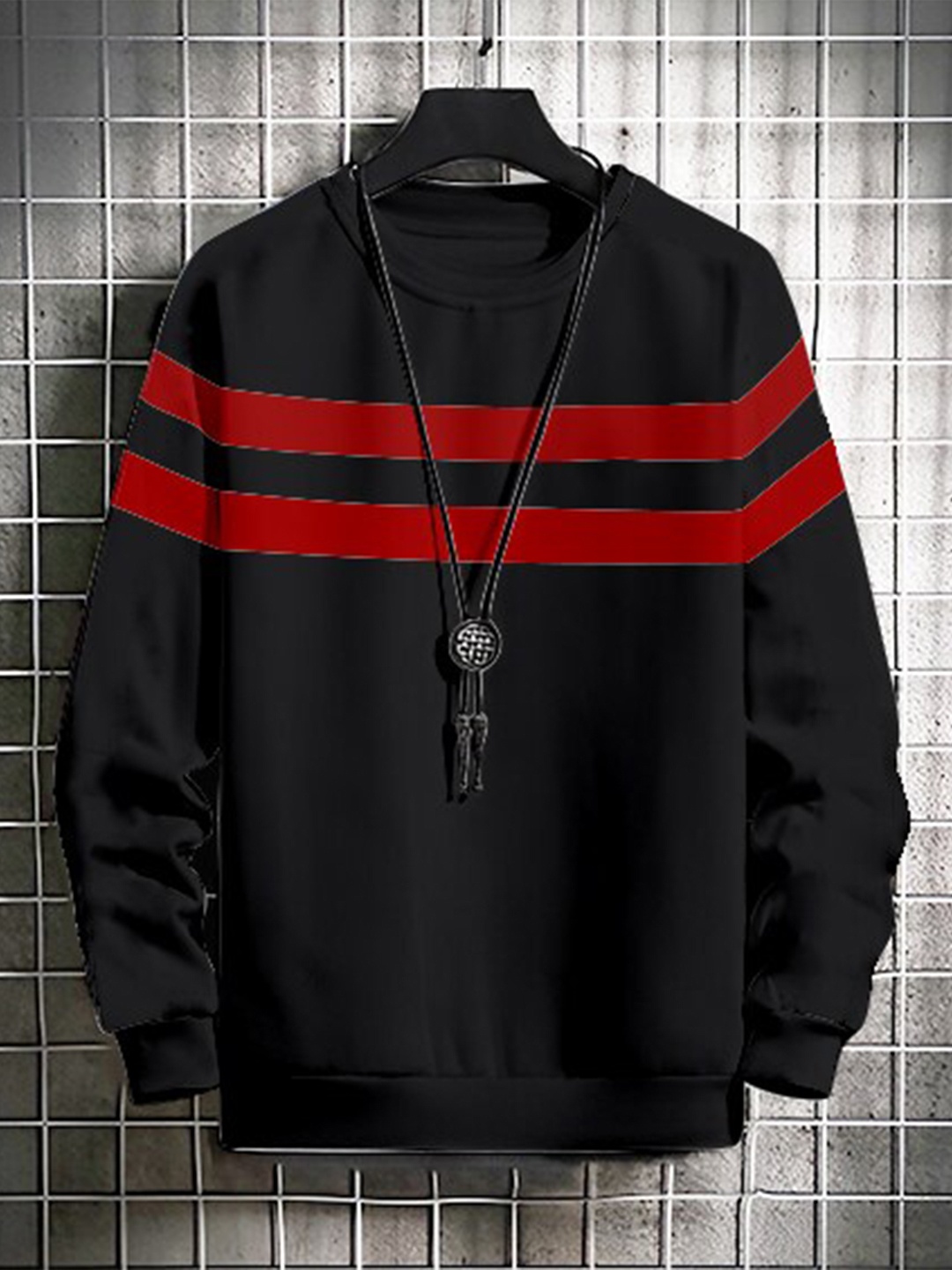 

GESPO Men Black Fleece Striped Sweatshirt