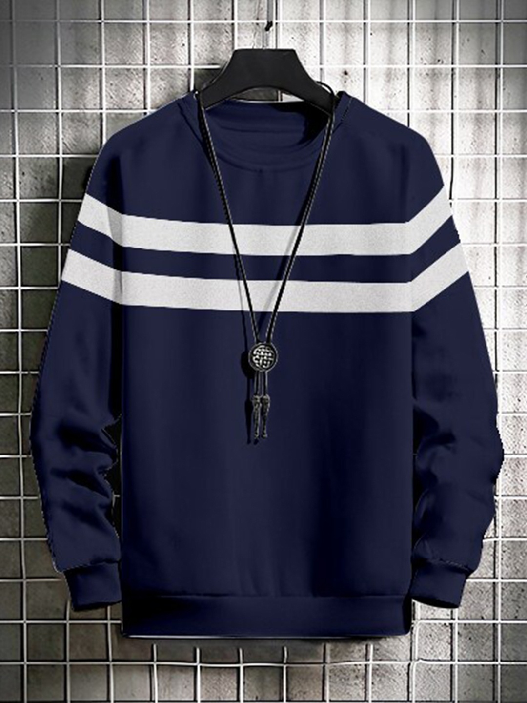 

GESPO Men Navy Blue Fleece Striped Sweatshirt