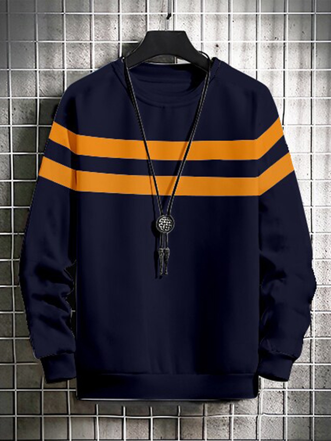 

GESPO Men Navy Blue Fleece Striped Sweatshirt