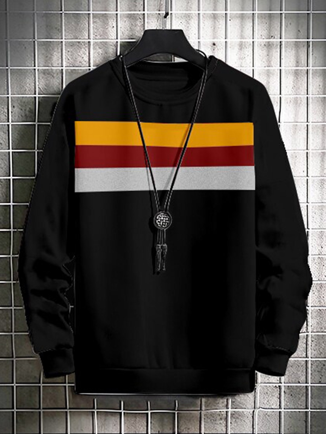 

GESPO Men Black Fleece Striped Sweatshirt