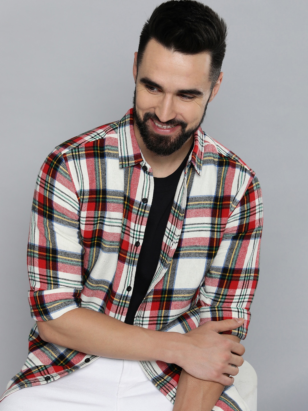 

HERE&NOW Men Pure Cotton Slim Fit Tartan Checked Casual Shirt, Cream