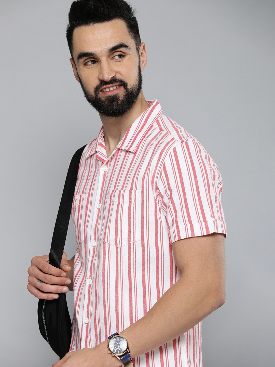 

HERE&NOW Men Pure Cotton Slim Fit Striped Casual Shirt, Red
