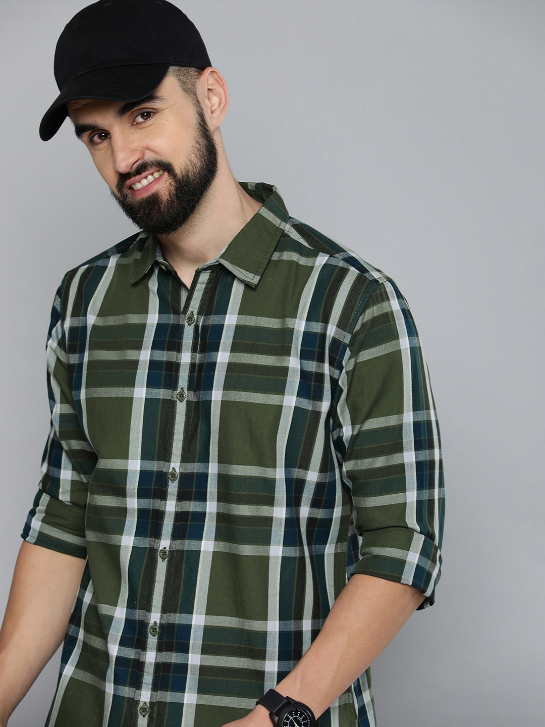 

HERE&NOW Men Pure Cotton Slim Fit Grid Tattersall Checks Checked Casual Shirt, Olive