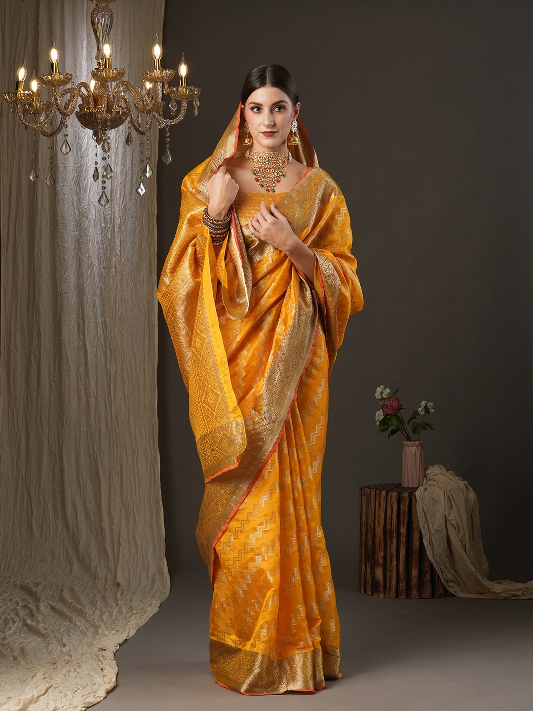 

Saree mall Yellow & Gold-Toned Ethnic Motifs Zari Muga Saree