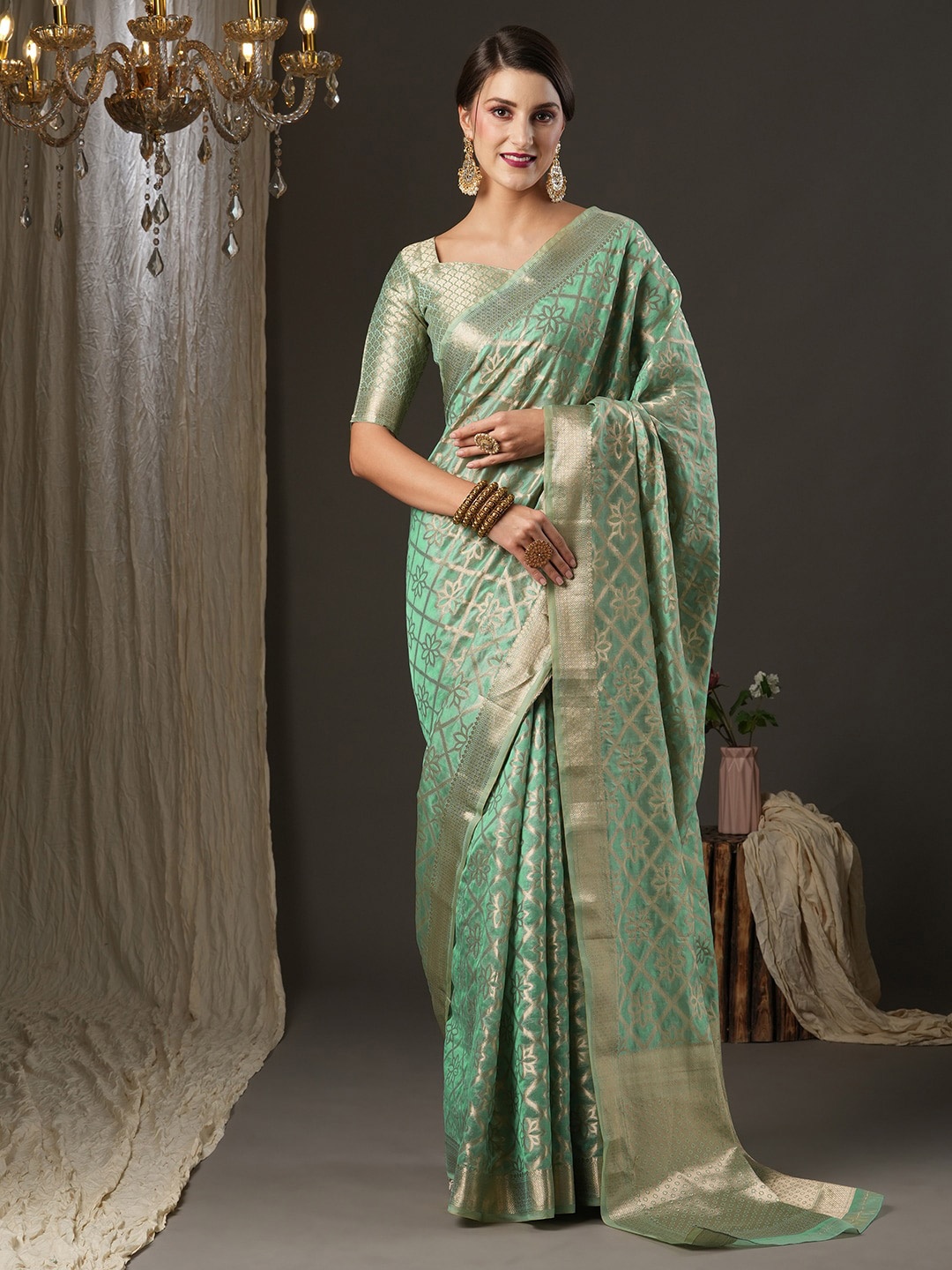 

Saree mall Sea Green & Gold-Toned Ethnic Motifs Zari Organza Banarasi Saree