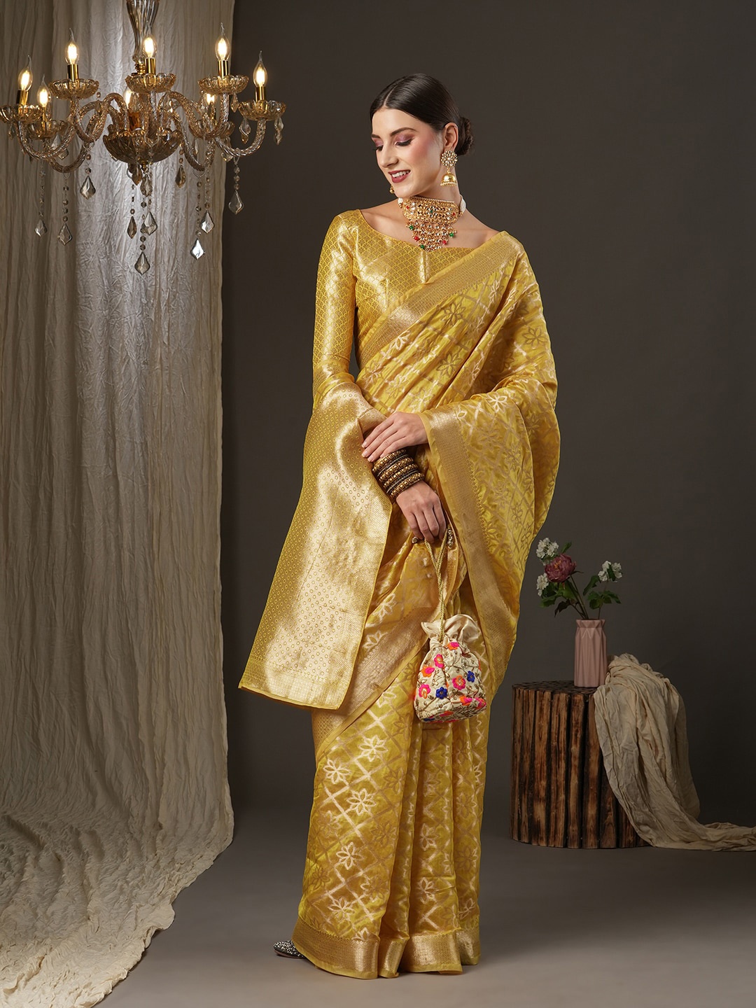 

Saree mall Yellow & Gold-Toned Ethnic Motifs Zari Organza Banarasi Saree