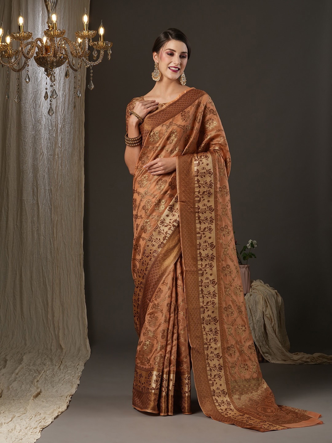 

Saree mall Brown & Gold-Toned Ethnic Motifs Zari Dharmavaram Saree