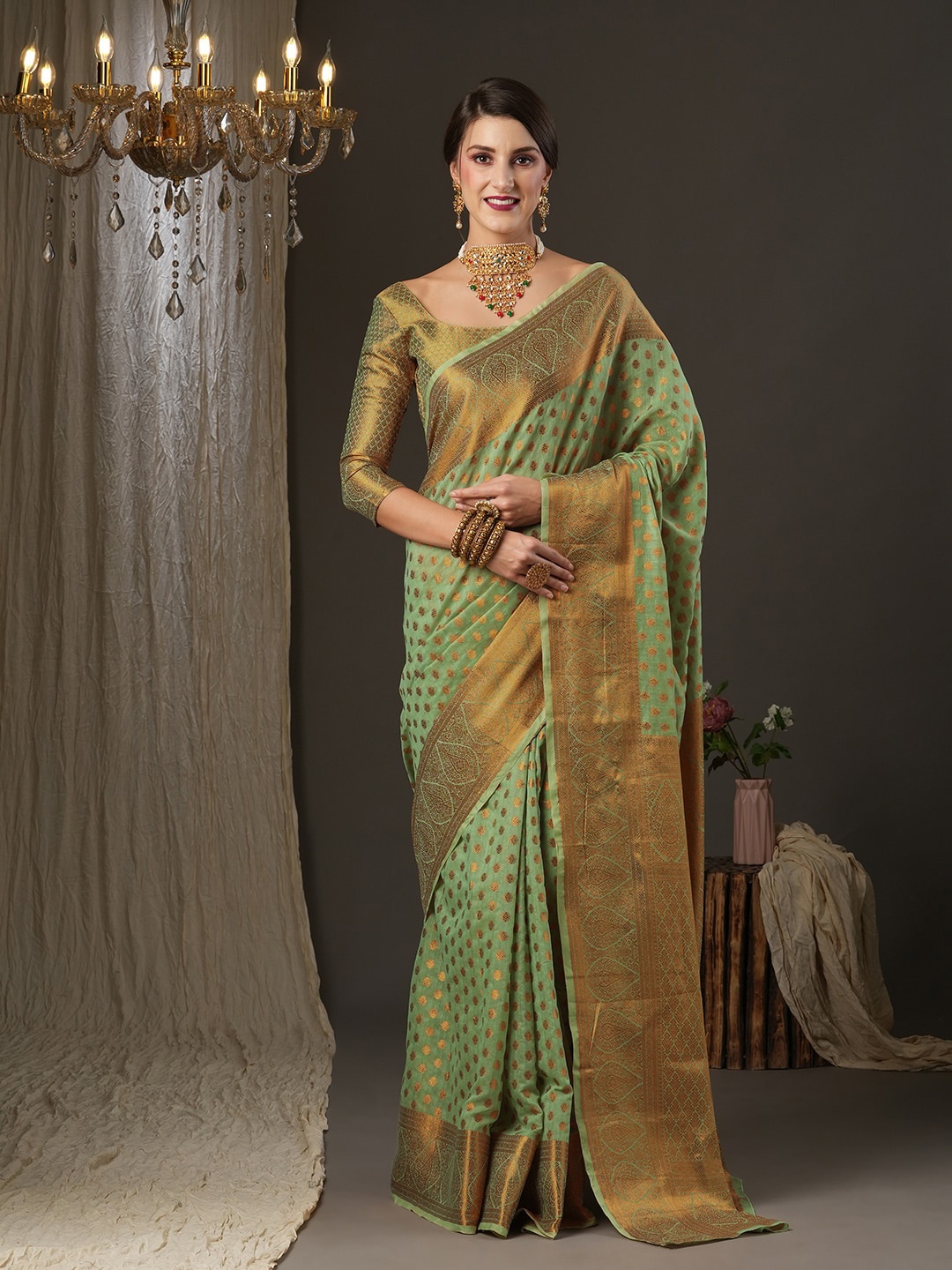 

Saree mall Green & Gold-Toned Ethnic Motifs Zari Banarasi Saree