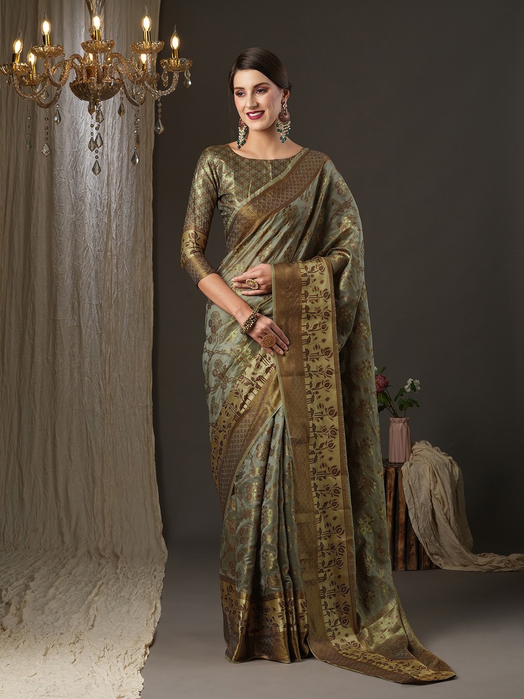 

Saree mall Grey & Gold-Toned Ethnic Motifs Zari Dharmavaram Saree