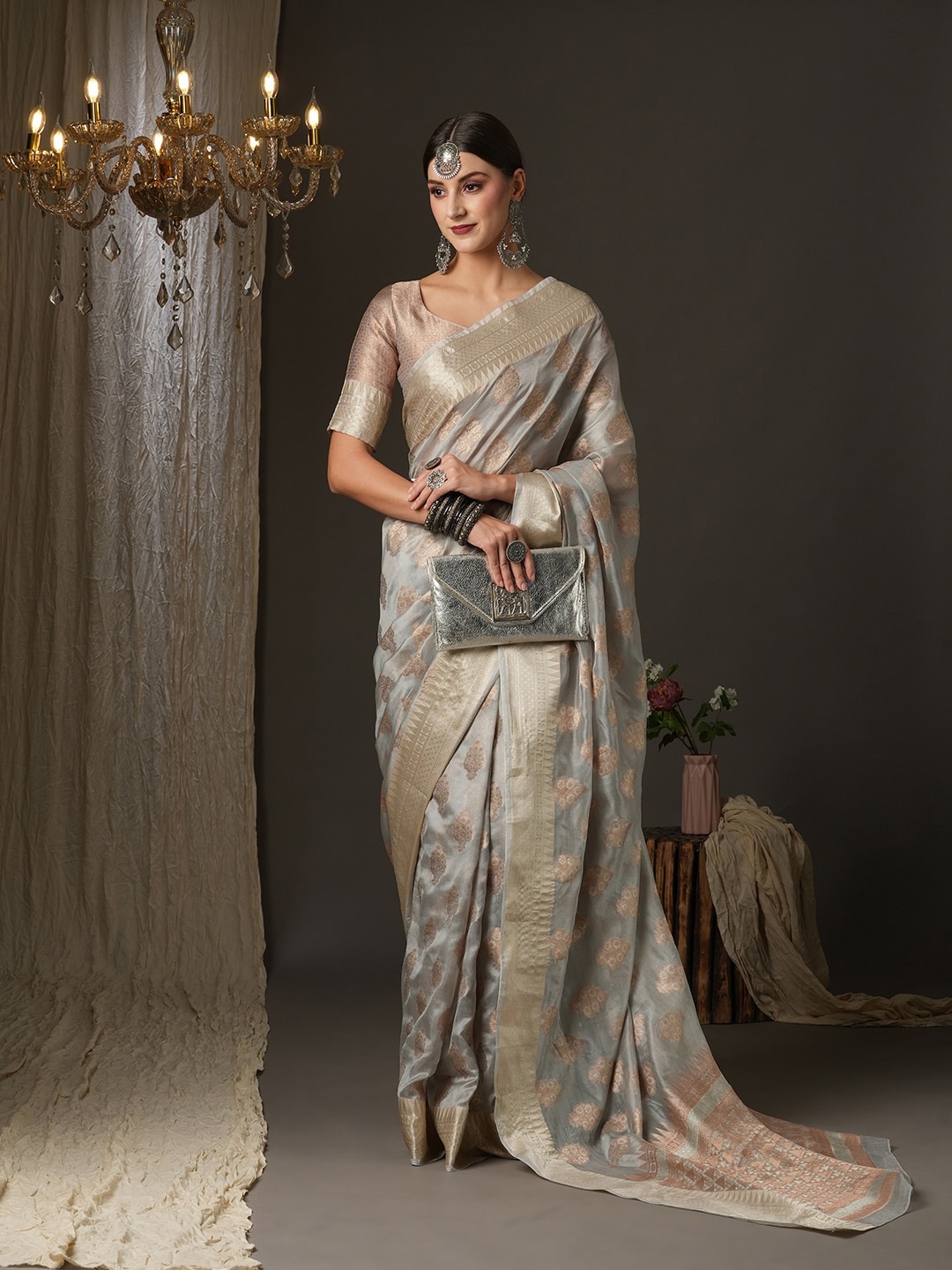 

Saree mall Grey & Gold-Toned Ethnic Motifs Zari Organza Dabu Saree
