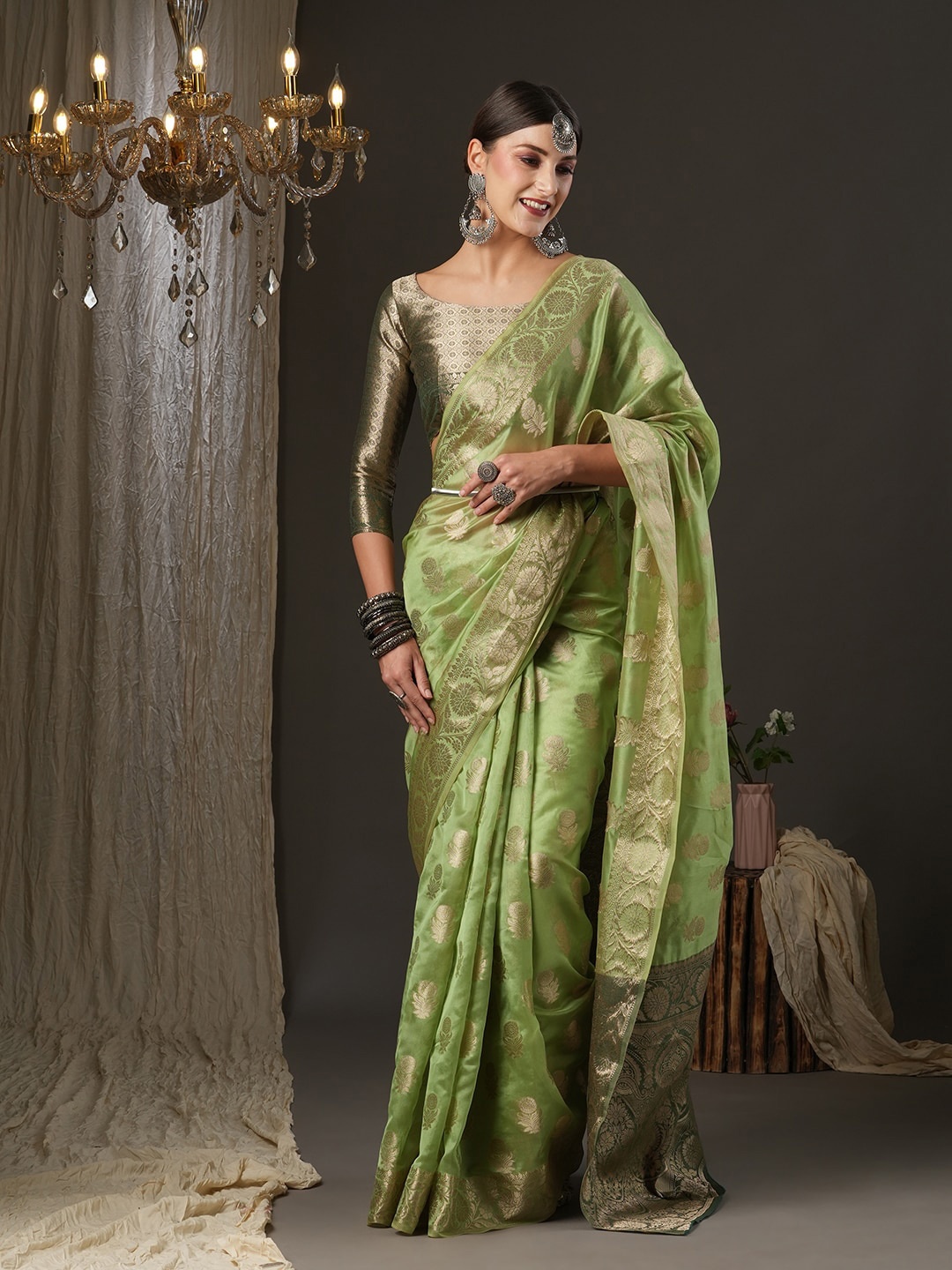 

Saree mall Green & Gold-Toned Woven Design Zari Organza Muga Sarees