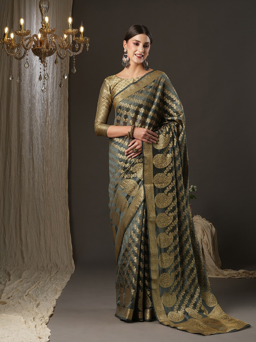

Saree mall Grey & Gold-Toned Ethnic Motifs Zari Banarasi Saree