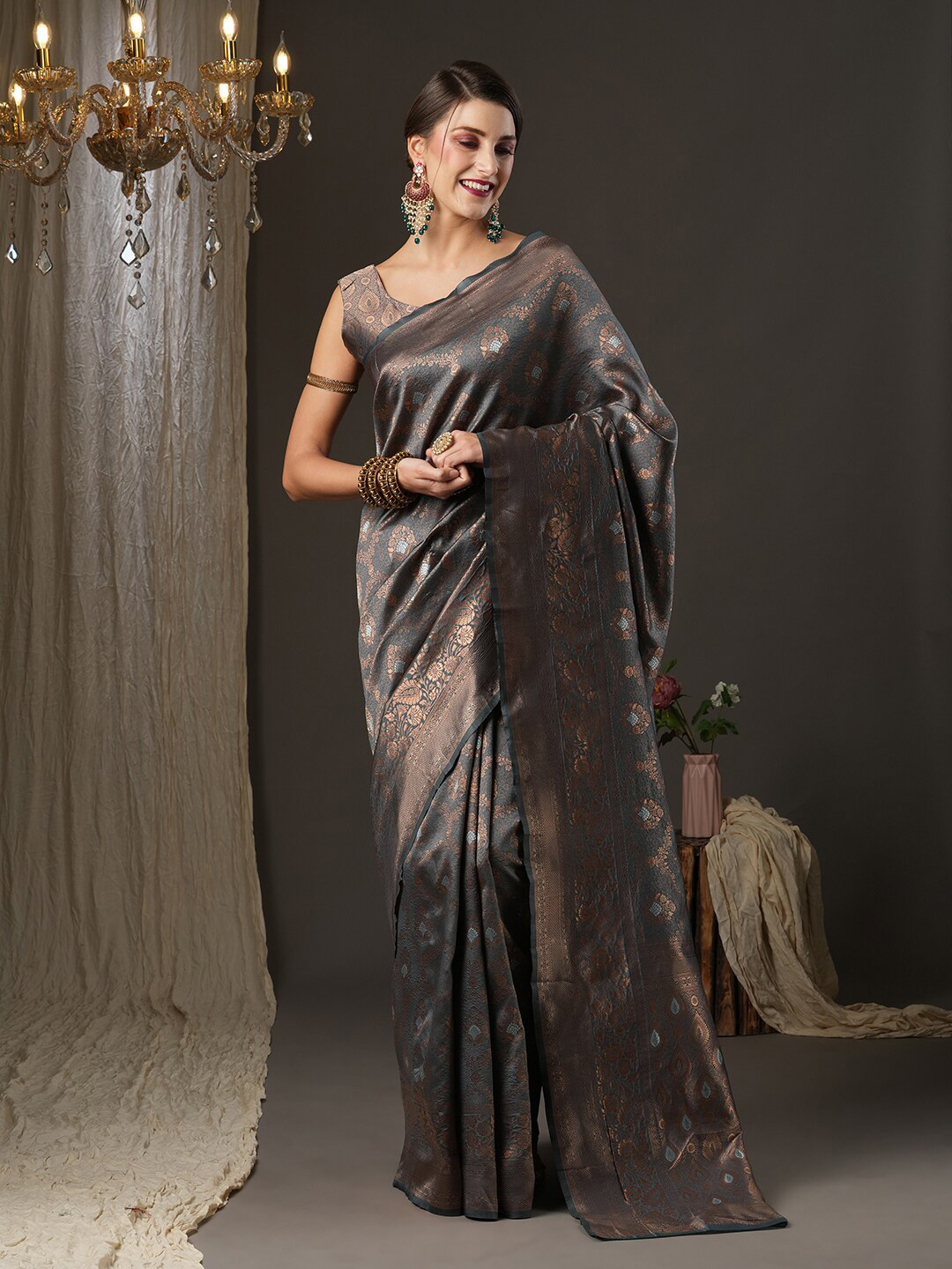 

Saree mall Woven Design Zari Silk Blend Dharmavaram Sarees, Grey
