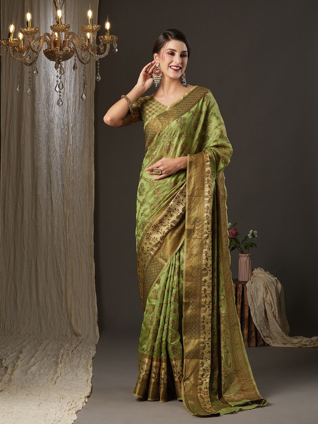 

Saree mall Green & Copper-Toned Ethnic Motifs Zari Dharmavaram Saree