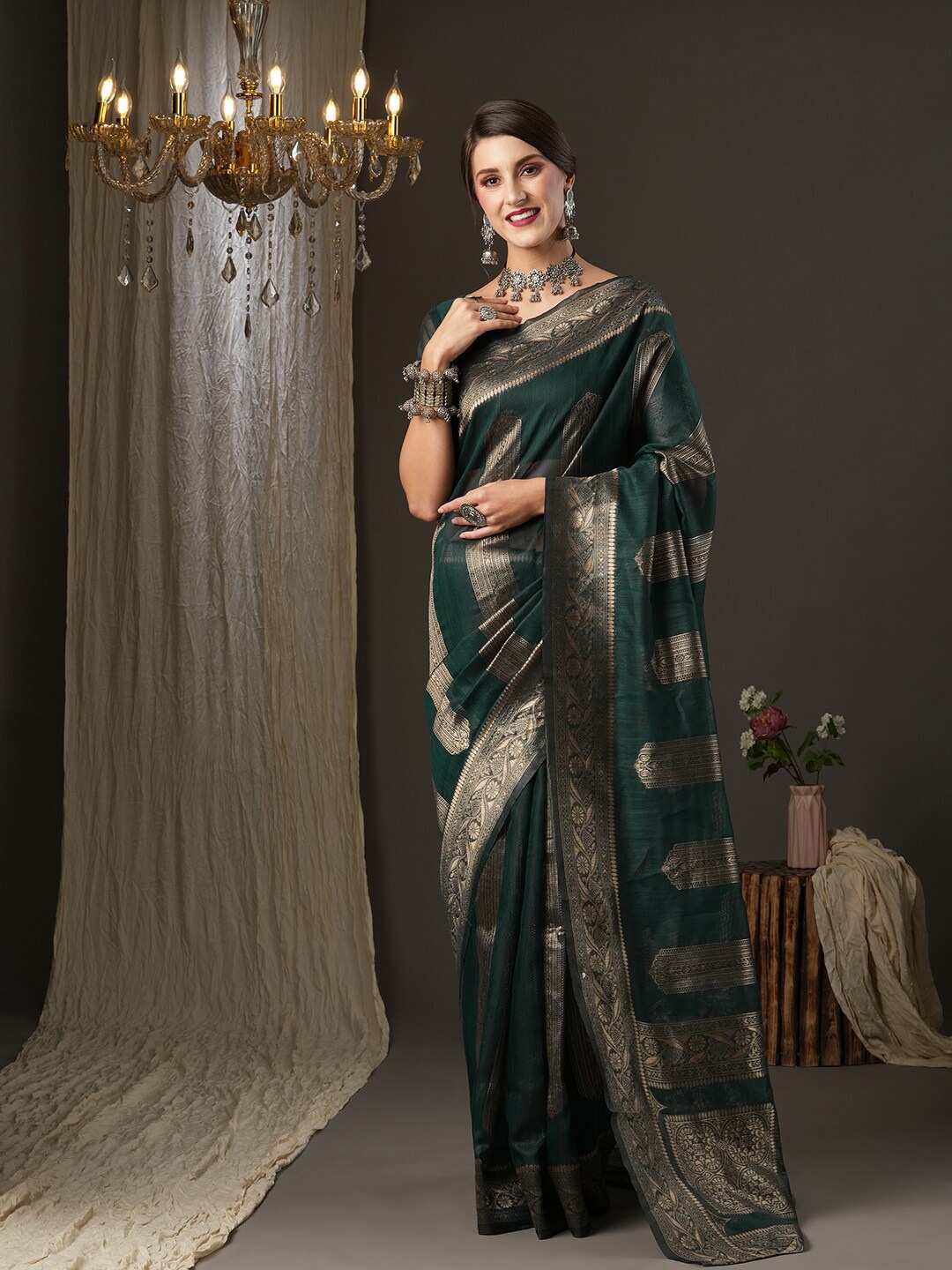 

Saree mall Teal & Gold-Toned Zari Silk Cotton Banarasi Saree